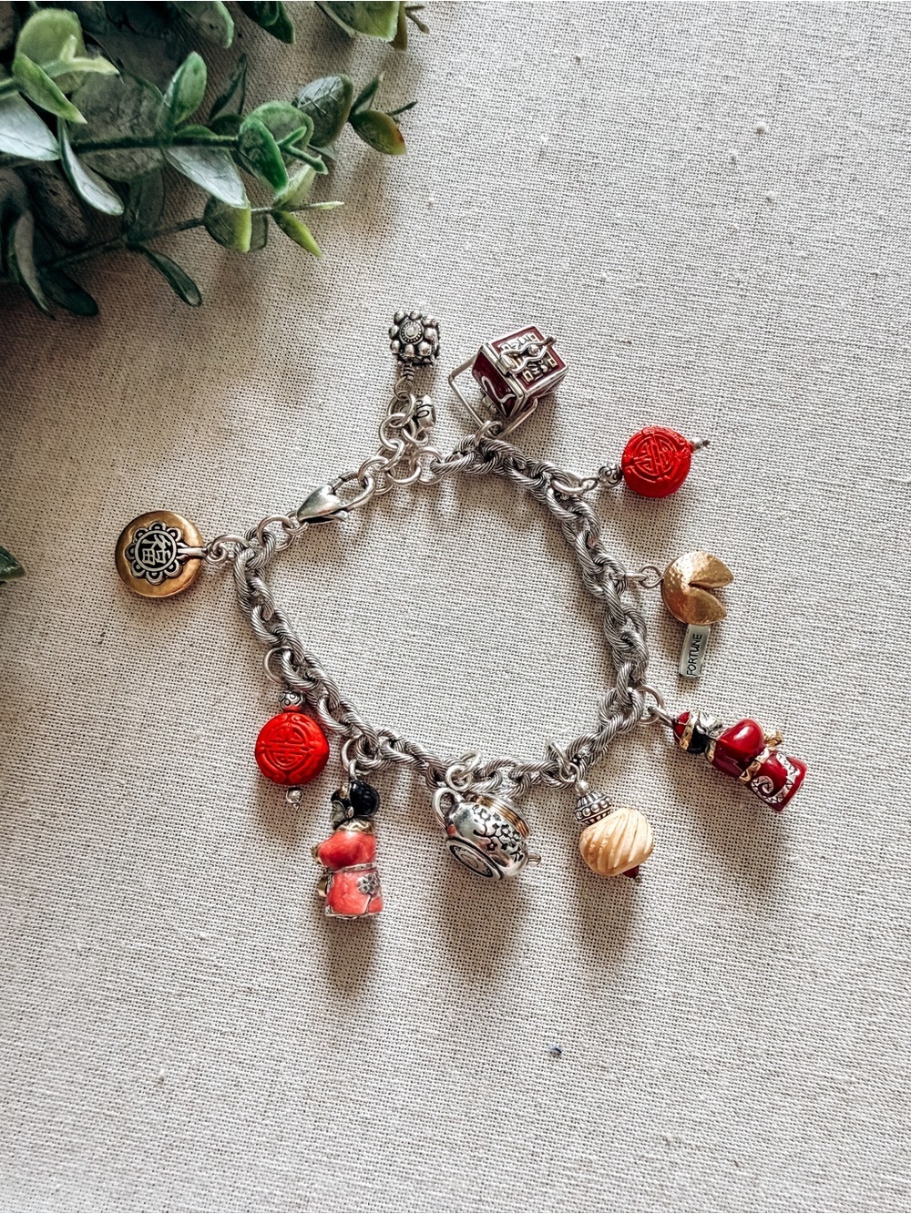 Brighton Good Fortune Charm Bracelet Asian Inspired Red Enamel Lantern Teapot